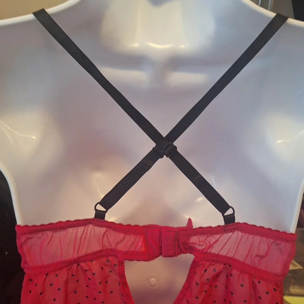 Chic Pink Polka Dot Chemise with Lace Detail Small. Valentines Day